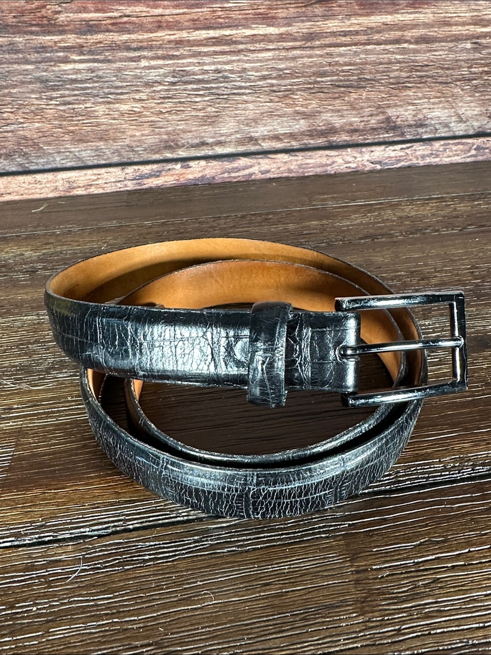Remo Tulliani Men's Black Calfskin Leather Belt with Rectangular Buckle